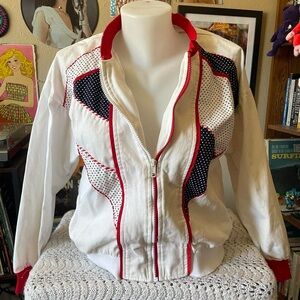 Vintage 1980s red, white, & blue polka dot zip up jacket AS IS / JG Joyce Petite